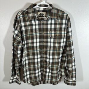 Men’s Old Mill Flannel Shirt Brown Plaid Long Sleeve Button Front Size L